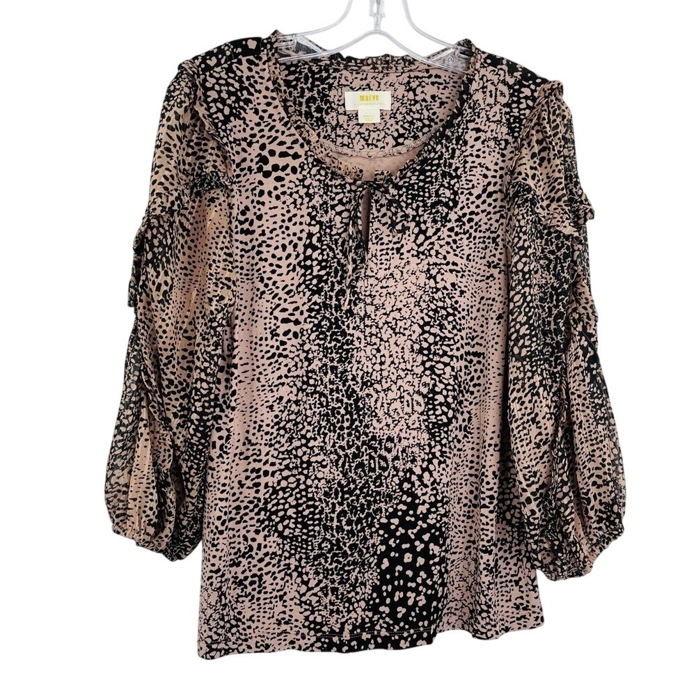 Maeve Anthropologie Top Women Small Tan Black Animal Print Ruffle Metallic